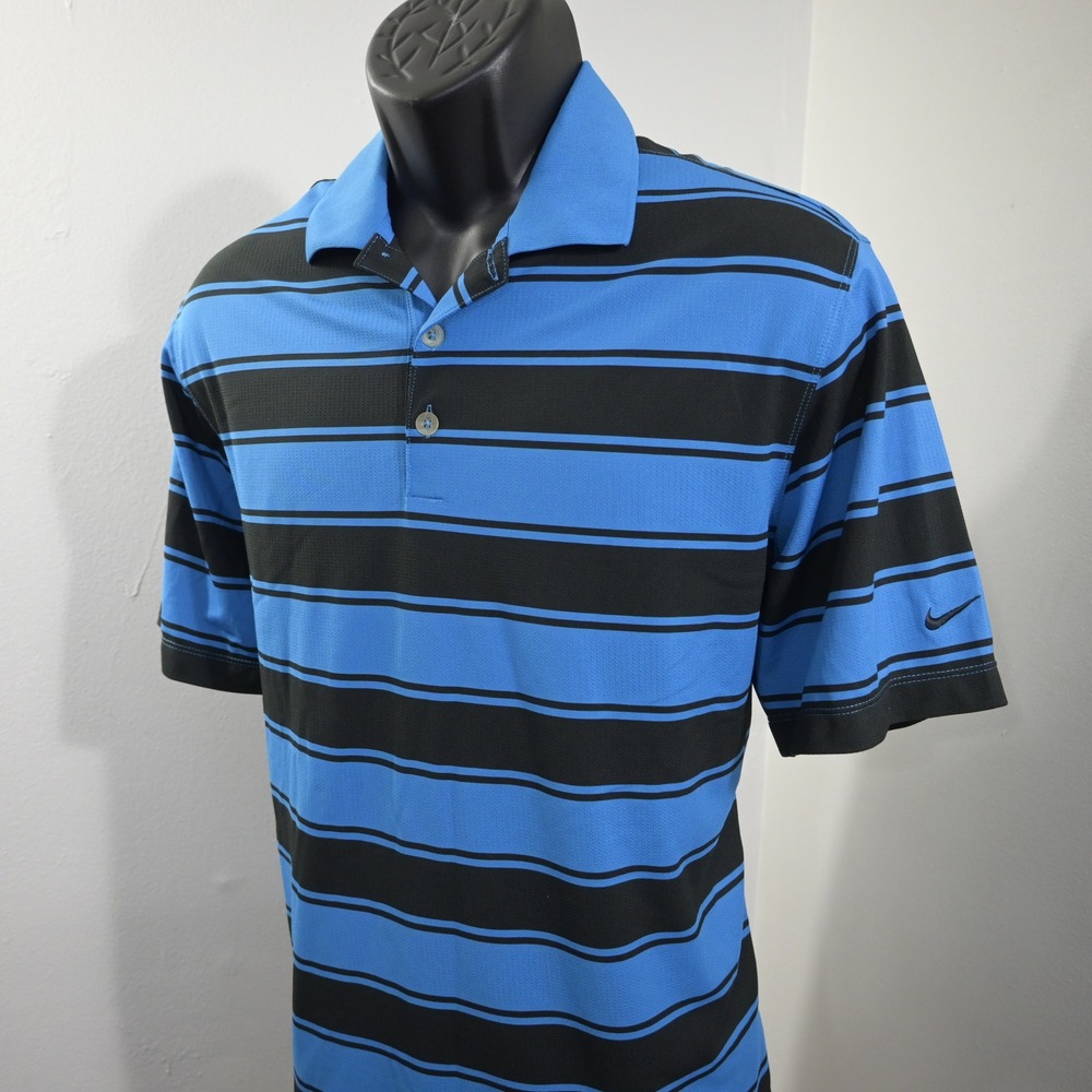 Nike Golf Golf Polo Mens M Blue Black Striped Dri-Fit Short Sleeve